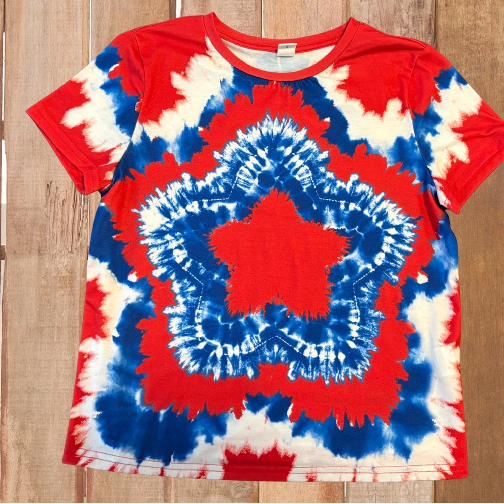 SHEIN Red and Blue Tie-Dye Short Sleeve Tee